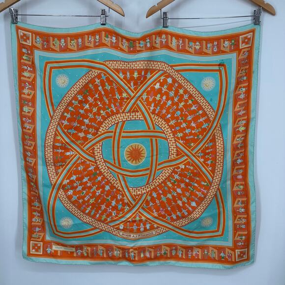 HERMES Donner La Main Carre 100% Silk Geometric Scarf 90cm Square Orange - Picture 10 of 15